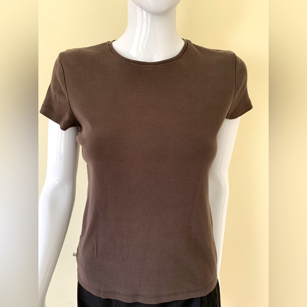 Jones New York 100% cotton crew neck top dark brown short sleeves US S to M